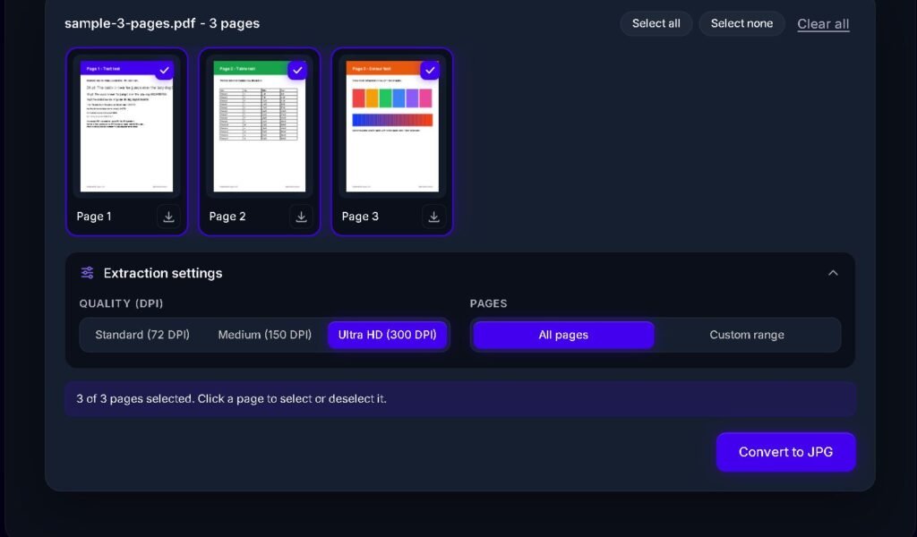 A web app interface with settings for extracting PDF pages into JPG images.