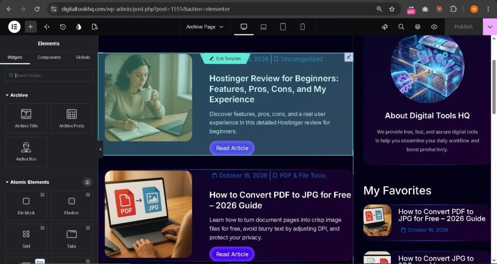A website builder interface showing Elementor sidebar with widgets and a preview of blog post templates.