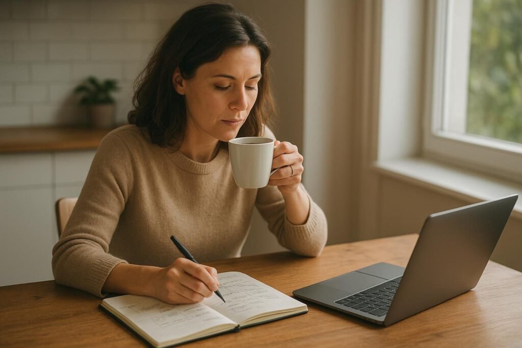 Blogger planning her first website at a kitchen table with notebook and tea
