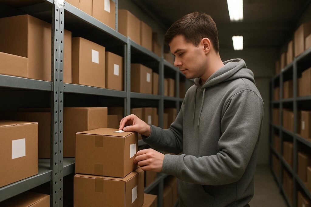 Hostinger review for beginners: man organizing shelves of boxed equipment in a tidy storage room